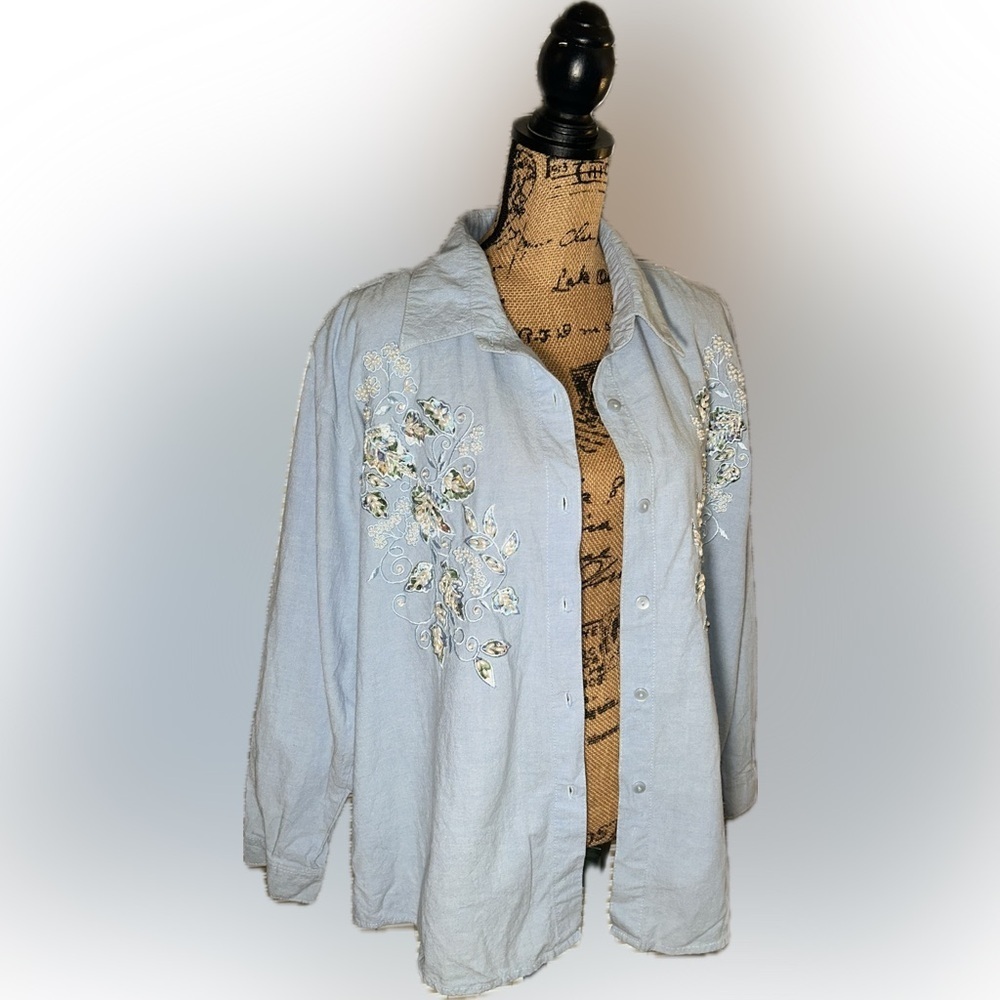 Vintage Cottagecore Floral Embroidered Pearl Beaded Cotton Denim Overshirt 2X